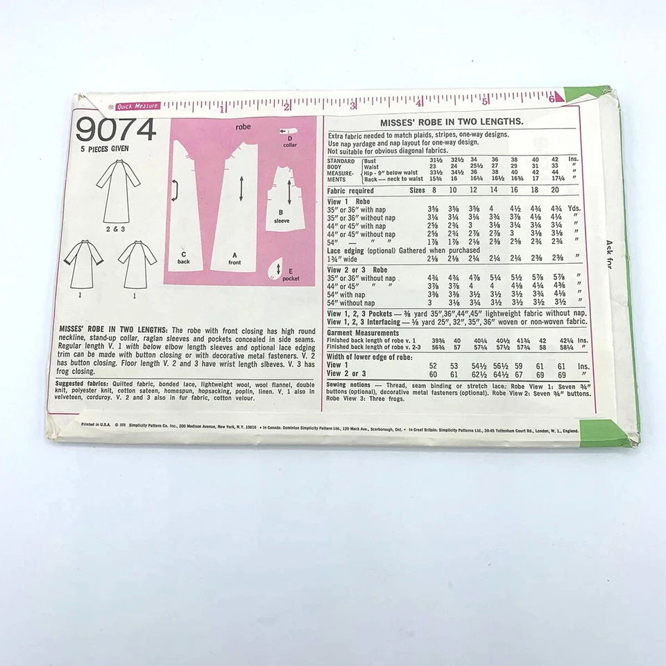 Simplicity Pattern 9074 Robe Misses Size 10 Bust 32.5 Vintage UNCUT - Image 2 of 2