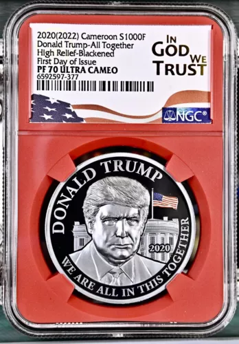2020 (2022) CAMEROON PROOF DONALD TRUMP BLACKENED NGC PF70UCAM FDOI 1OZ SILVER