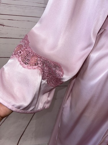 LEJABY Paris Neiman Marcus Size L Satin Lace Trim Long Kimono Robe Pink Belt - Picture 4 of 18