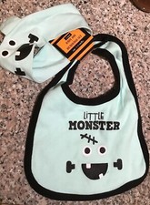 Halloween baby bib and headband set Little Monster NWT mint and black 0-12 Month