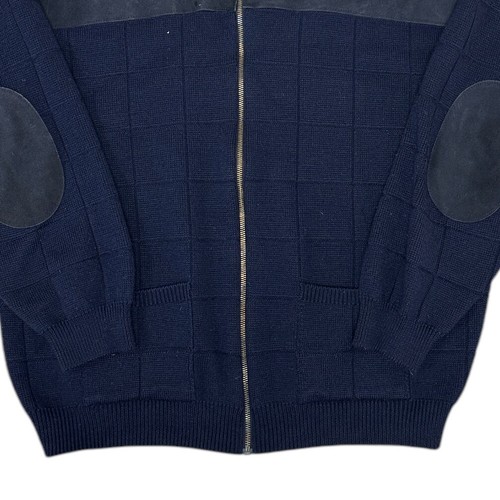 St Michael M&S Knit Jumper Zip Suede Patch Pockets Collared Blue Sweater Mens XL - Picture 4 of 7