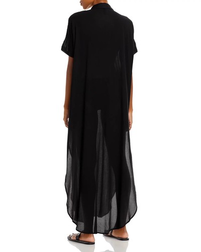 Aqua Womens Button Front Maxi Short Sleeve Swim Cover-Up Shirt, Black, M, XL - Picture 2 of 4
