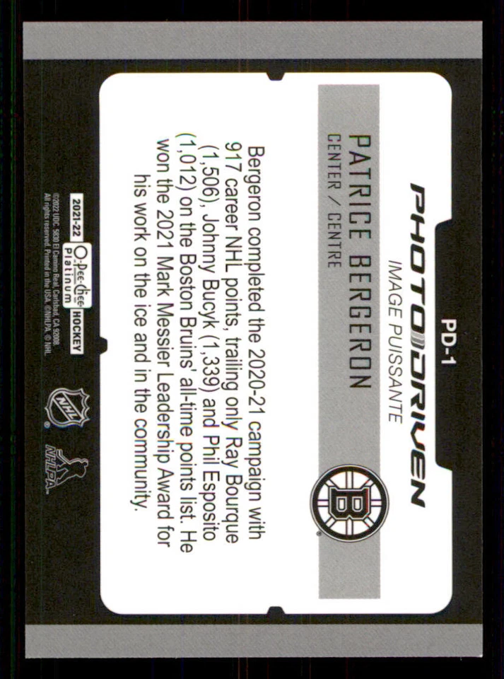2021-22 O-Pee-Chee Platinum Photo Driven #PD1 Patrice Bergeron - Image 2 of 2