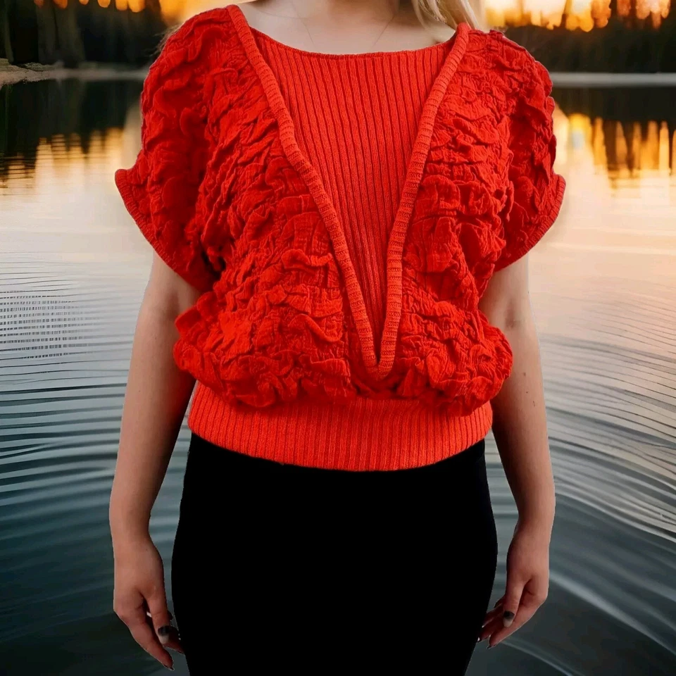 Suéter Top Naranja Rojo Años 80 Ropa de Noche Alta Costura Disco Club Alta Moda M/L Foto 2 de 4