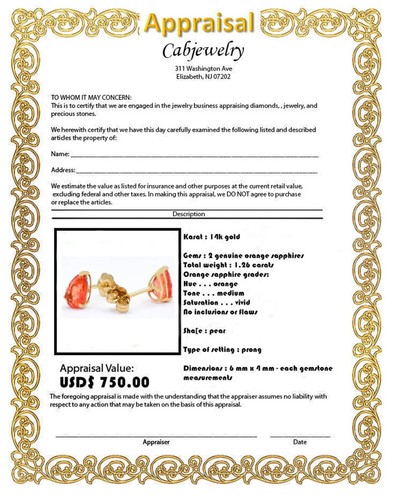 GENUINE 1.26 Cts PADPARADSCHA SAPPHIRE STUD EARRINGS 14K GOLD - Free Appraisal - Picture 7 of 7