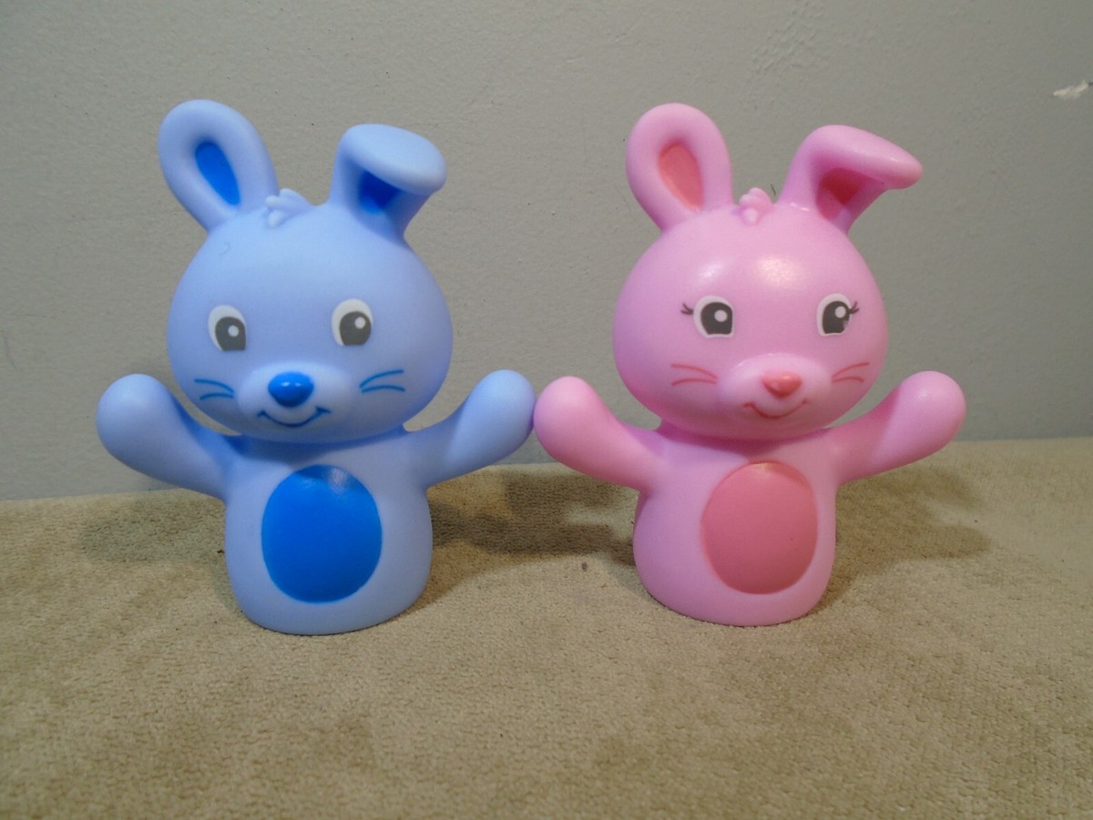 SET OF 2 RUBBER PINK & BLUE BUNNY RABBIT 2.5” FINER PUPPETS
