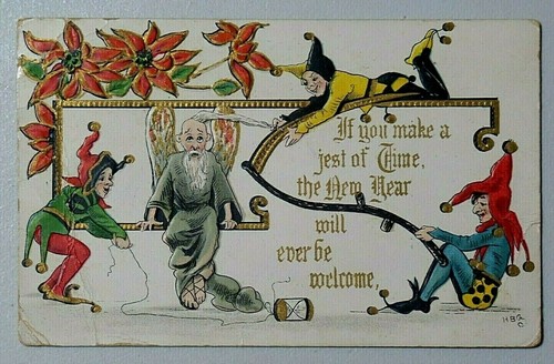 Mischievous Jesters with Father Time New Year's Day "HBG" 1911 DB Postcard 8024