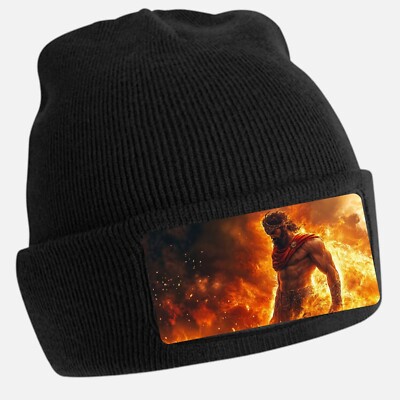Black Beanie Hat with Cool Ares on Fire Motif - Unisex Cap, Cotton