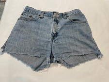 Womens 8 Levis 555 Blue Wash 10.5  High Waist Distressed Cut Off Shorts