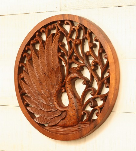 Wooden Hand Carved Peacock Wall Plaque Relief Panel Wall Hanging Sculpture Bird - Picture 2 of 5
