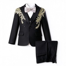Boys Black Suit Set Gold Embroidery Blazer Pants Kids Wedding Tuxedo Pageant