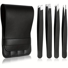 4 Piece Eyebrow Tweezers Set Stainless Steel Black Lash Extension Tool w Pouch