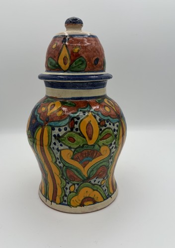 Talavera Mexican Pottery Floral Hand Painted Lidded Apothecary Jar Mexico 10"