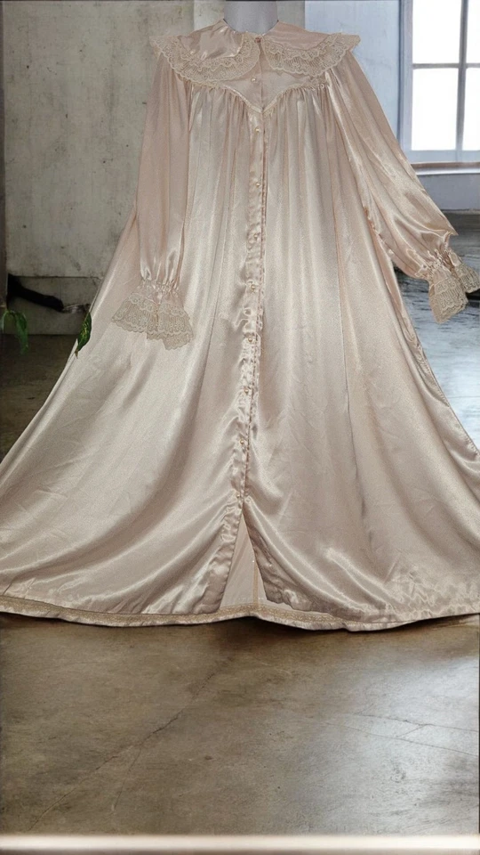 De colección 1970 Victoriano Romántico Encaje Pesado Largo Sedoso Sissy Fluido Peignoir Foto 2 de 4