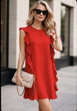 Valentino Red Ruffle Shift Dress Size 46 Chic Minimalist Luxury Designer