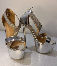 Women  s Silver Rhinestone Strappy Platform Stiletto Heels Open Toe Zip 7