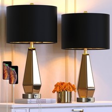Hamucd Set of 2 Mirrored Glass Bedside Table Lamps with 2 USB Ports for Bedro...