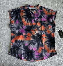 Koi Basics Scrub Top Women  s Sz Medium Gray Flower Swirl Tie Dye Stretch Nursing