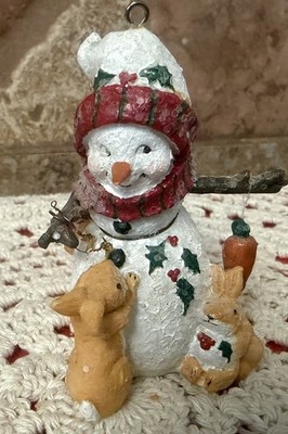 Vtg House of Hatten 3 Snowman Bunny Ornament Intact Carrot Denise Calla