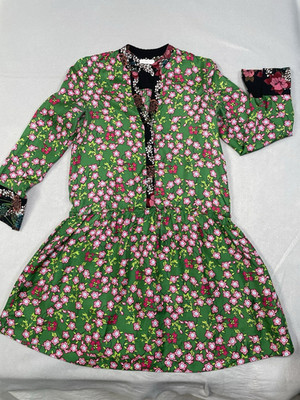Sandro Paris Torr Floral-Print Silk Dress Size 34 Retro-Inspired Vibrant Green