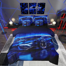 Kids Boys Sports Car 7 Piece Bedding Set Twin Size Blue Race Car Comforter Set w