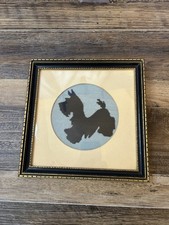 Framed Cross Stitch Scottie Dog Silhouette On Blue 9x9 Nice Condition