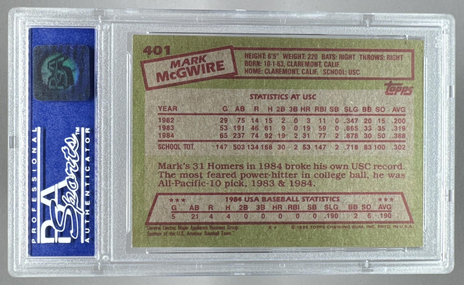05104395 Mark McGwire 1985 Topps #401 - Rookie RC PSA 8 view 2