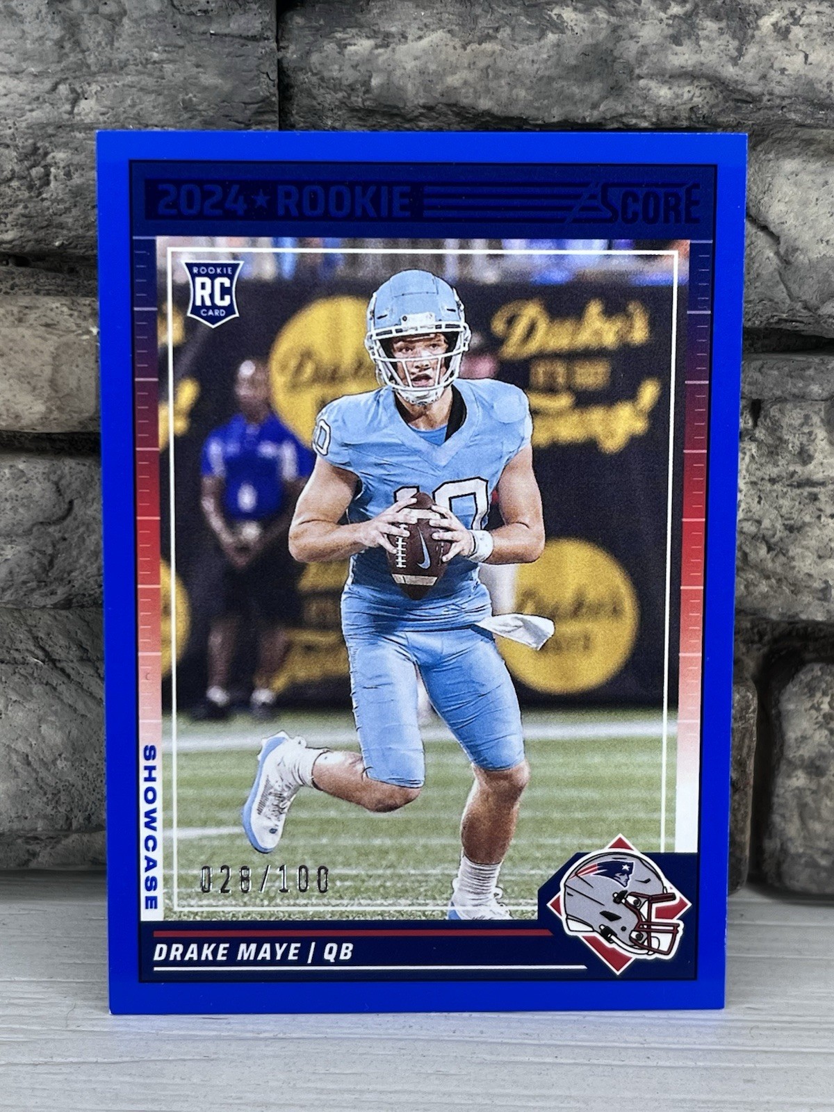 2024 Panini Score Drake Maye #28/100 Blue Showcase #303 Patriots RC Rookie
