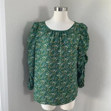 Max Studio Womens Large Floral Puff Ruched Sleeve Top Green Yellow Blouse Shirt