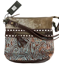 Myra Bag Patterned Leather, Hairon, Brown Canvas Diaz Crossbody~Pockets
