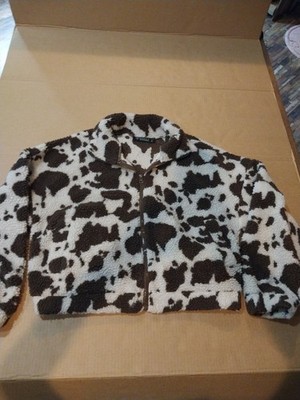 Lucky & Blessed Brown White Sherpa Cow Print Zip Up Jacket Size Medium 