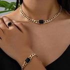 Women's Black Geometric Block Chain Necklace Bracelet Ring Jewelry Set Alloy