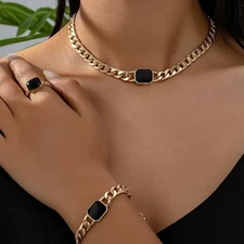 Women's Black Geometric Block Chain Necklace Bracelet Ring Jewelry Set Alloy