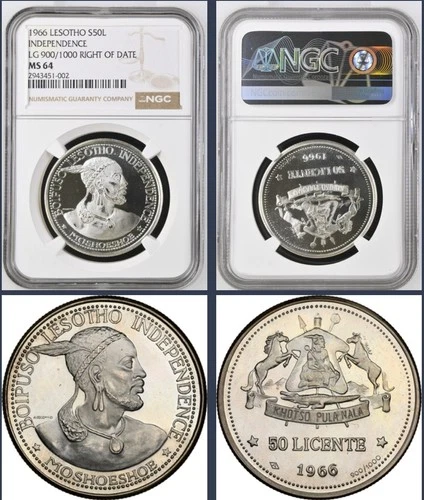 ⭐Top Pop⭐ 1966 Lesotho ~ Silver 50 Licente ~ NGC MS64 S50L Independence KM#4.2 