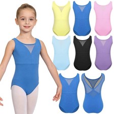 Kids Girls Ballet Leotard Sheer Mesh Patchwork Gymnastics Bodysuit Dance Unitard