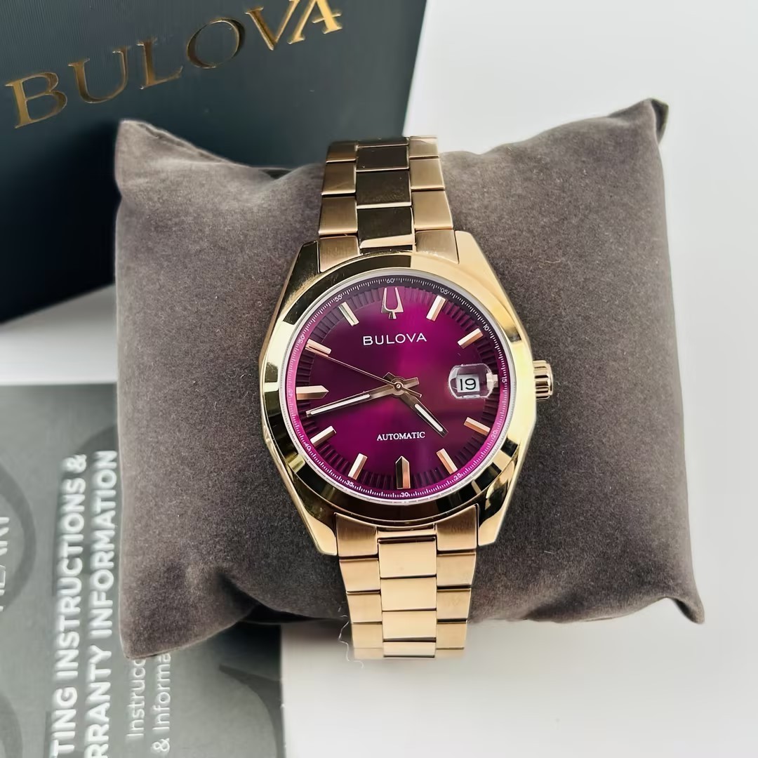 Reloj automático para hombre Bulova Surveyor oro rosa esfera púrpura 97B234 nuevo 39 mm