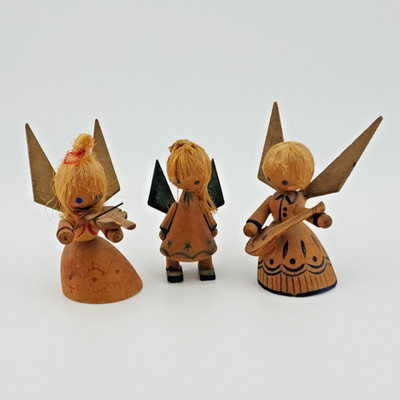 Vintage German Wooden Angel Ornaments   Set of 3 Straw-Haired Musicians NICE!