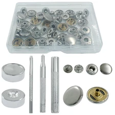 12 Sets 15mm Silver Leather Snap Fasteners Kit Metal Press Studs with Tools