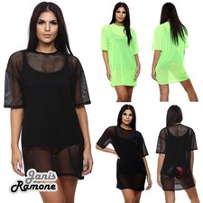 Womens Mesh Oversized T-Shirt Ladies Fishnet Sheer Dress Longline Top Mini Dress