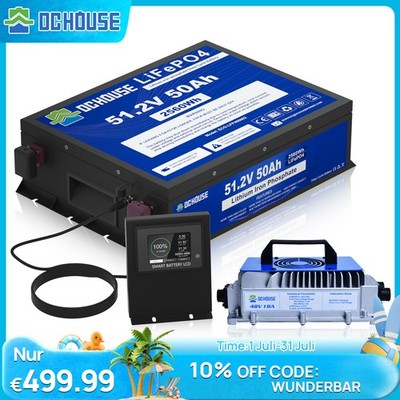 48V 50Ah Bluetooth Lithium Batterie LiFePO4 Akku mit Monitor und 18A Ladegerät