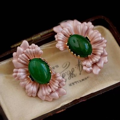 Vintage Green Cabochon Pink Floral Earrings Gold Tone Statement