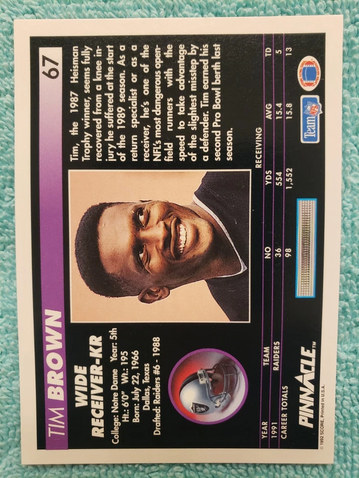 1992 PINNACLE TIM BROWN #67 LOS ANGELES RAIDERS  - Image 4 of 4