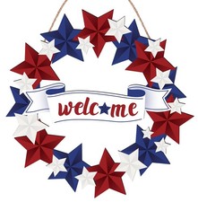 4th of July Patriotic Wreath - Independence Day Wooden Red White and Blue Doo...