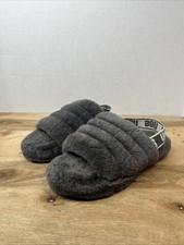 UGG Fluff Yeah Slide Girls Charcoal Grey Shearling Slip On Slippers Shoes Sz 4