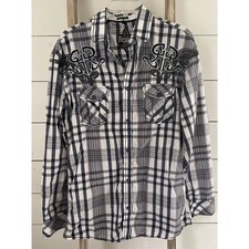 Roar Signature Blue Gray Plaid Embroidered Button Shirt Torchbearer Size Large