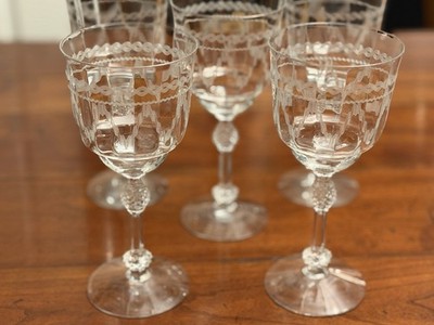 Set of 5 Fostoria Glass Castle Geometric Needle Etch #87 Water Goblets 7.5 