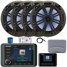 Kicker Marine Style Gauge Receiver, 4x 6.5" RGB LED Speakers, Charcoal Grille