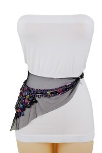 Women Ethnic Belt Fashion Black Fabric Tie Hip High Waist White Sea Shells S M L