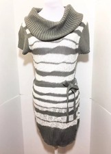Moral Fiber XL Gray White Cowl Neck Sweater Dress Belt Short Sleeve Stretch