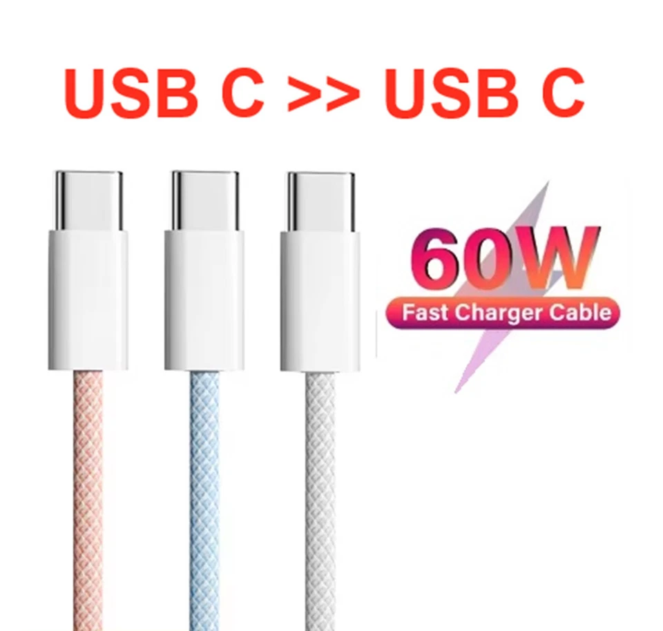 USB-C zu USB-C 60W Schnellladen Geflochtenes Kabel Metallstecker 1m2m Datenkabel - Bild 2 von 4
